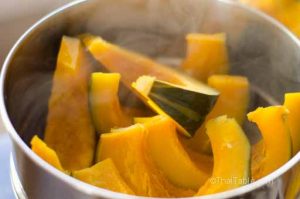 Steam the pumpkin wedges for 15-20 minutes depending on the size of your steamer and the pumpkin.