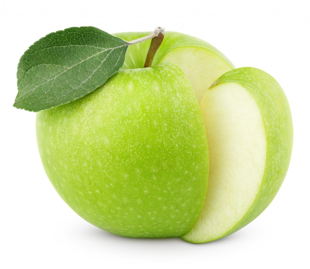 Ripe green apple with leaf and cut isolated on white background with clipping path